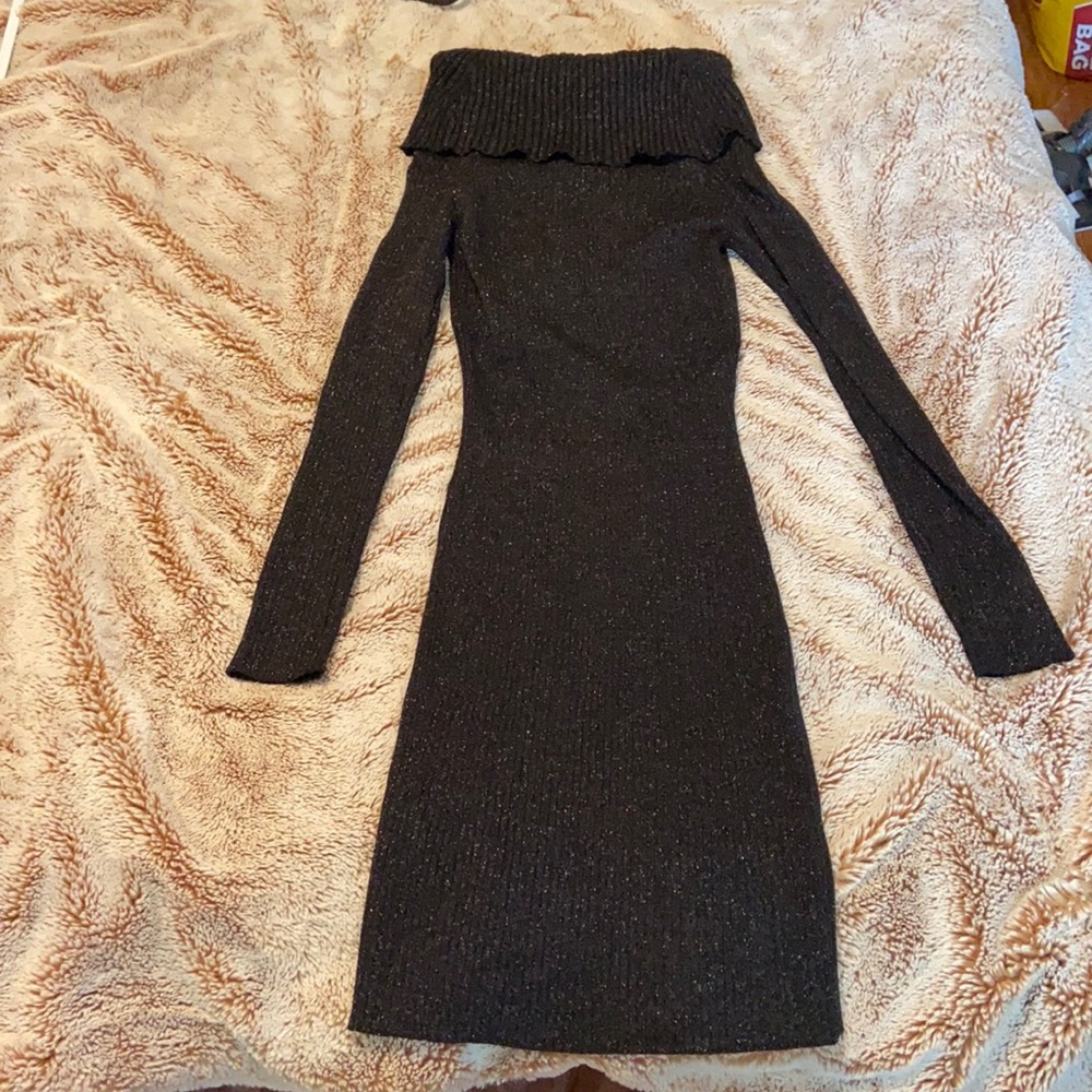 Bebe Black sweater dress, with metallic threading.